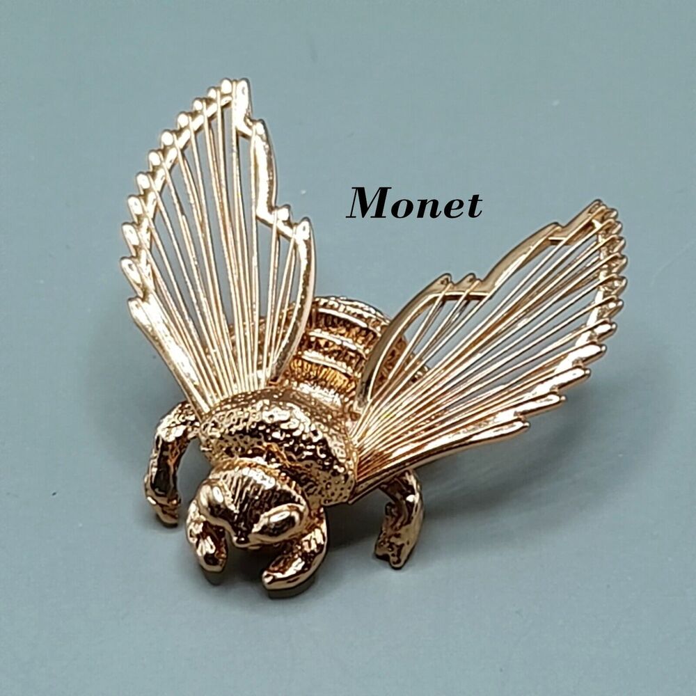 Vintage Monet Gold Tone Bumble Bee Brooch 1970s Spinneret Series Insect Pin